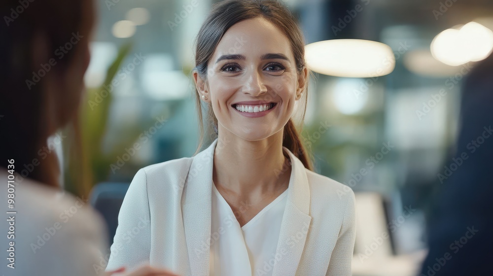 Wall mural Cheerful 35-Year-Old Businesswoman Manager Celebrating Achievement with Enthusiastic Handshake Gesture