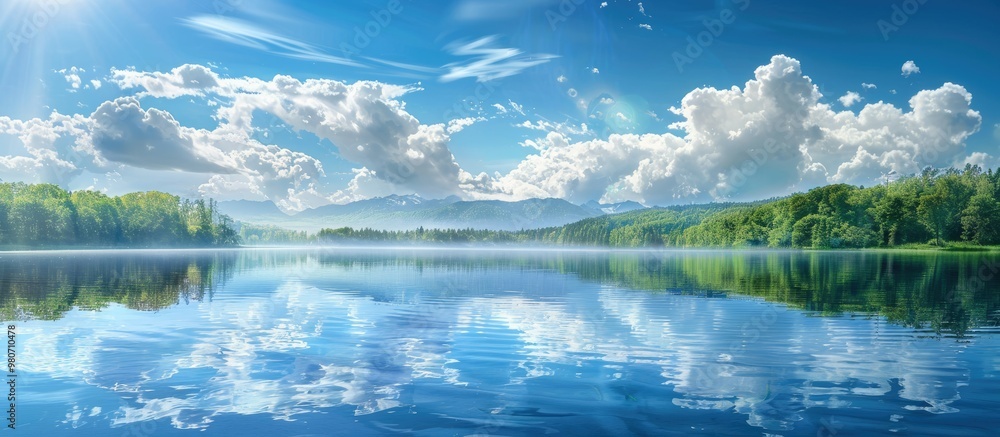 Poster scenic lake with vibrant clouds reflecting in the calm waters perfect for a copy space image