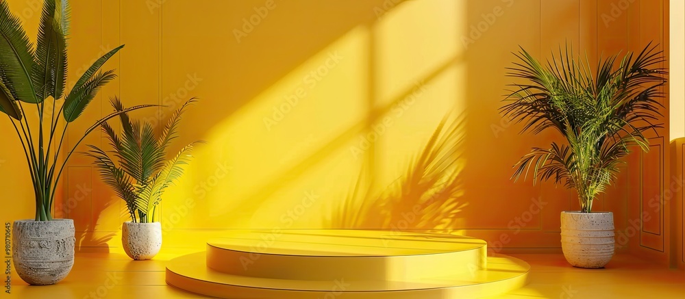 Poster studio interior with an empty podium for product display against a yellow background creates a summe