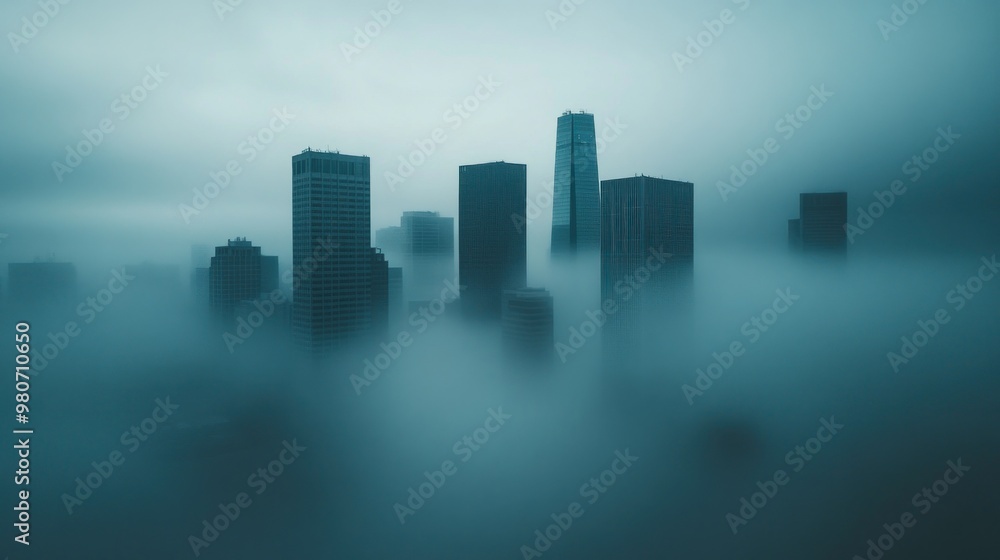 Poster A foggy cityscape with skyscrapers partially obscured by mist.