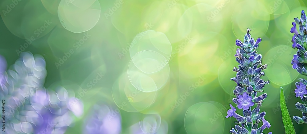 Poster lavender flower in purple on the left side with a green blurred backdrop and space for text or image
