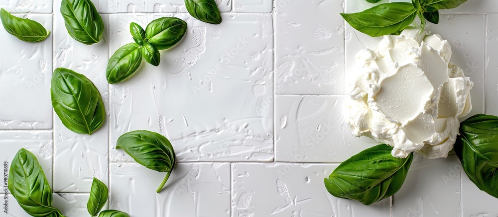 Poster close up of fresh ricotta and basil arranged on a white tiled surface with room for text in the imag