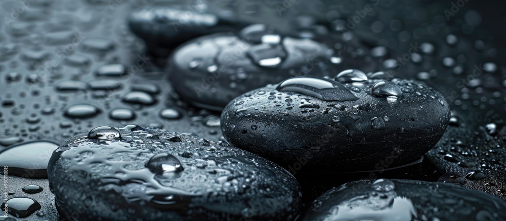 Poster close up of grey spa stones with water drops on a black backdrop suitable for text placement in the 
