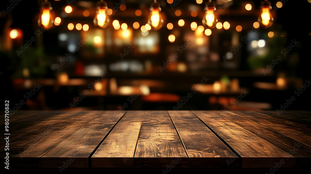 Poster wooden tabletop with blurred background of a cozy bar setting with string lights