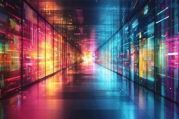 Vibrant futuristic sci fi corridor with glowing neon lights