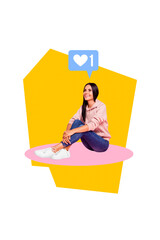 Vertical poster collage young cheerful woman sitting notification social media button like heart popularity drawing background