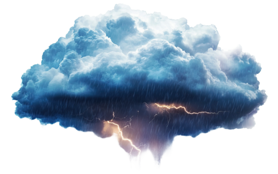Dark rainy stormy cloud with lig isolated on white or transparent background