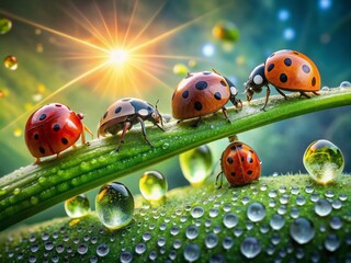 Fototapeta premium Vibrant ladybugs and other colorful insects crawl on a lush green leaf amidst dew drops, showcasing nature's beauty and delicate intricacies in warm sunlight.