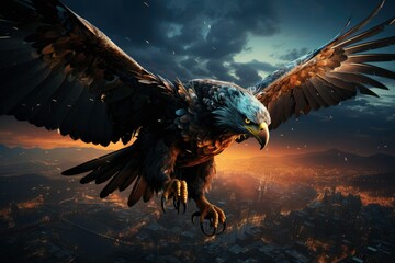 Fototapeta premium Professional Landscape Photos A majestic eagle with beautiful feathers and a dark tail, dancing flamenco on the rooftop, dazzling and colorful city views, as the sun rises and the lights twinkle below