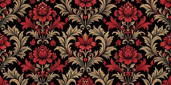 Elegant damask seamless pattern features intricate red florals and foliage on a luxurious black background, perfect for upscale wallpaper and interior design applications.