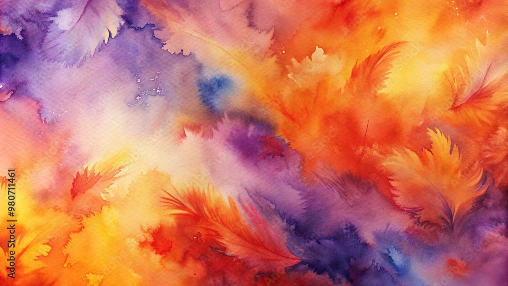 Poster vibrant orange and purple hues blend in abstract watercolor strokes, creating a mesmerizing backgrou