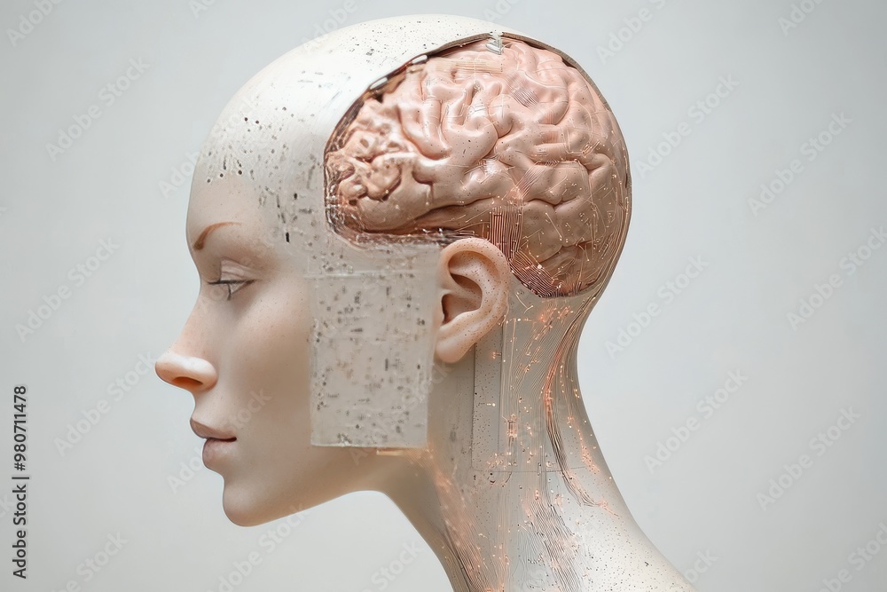 Poster white ceramic humanoid figure with exposed brain symbolizing the fragility of human cognition in the
