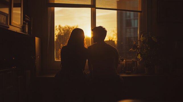 A couple enjoying a sunset together by a window, creating a romantic atmosphere.