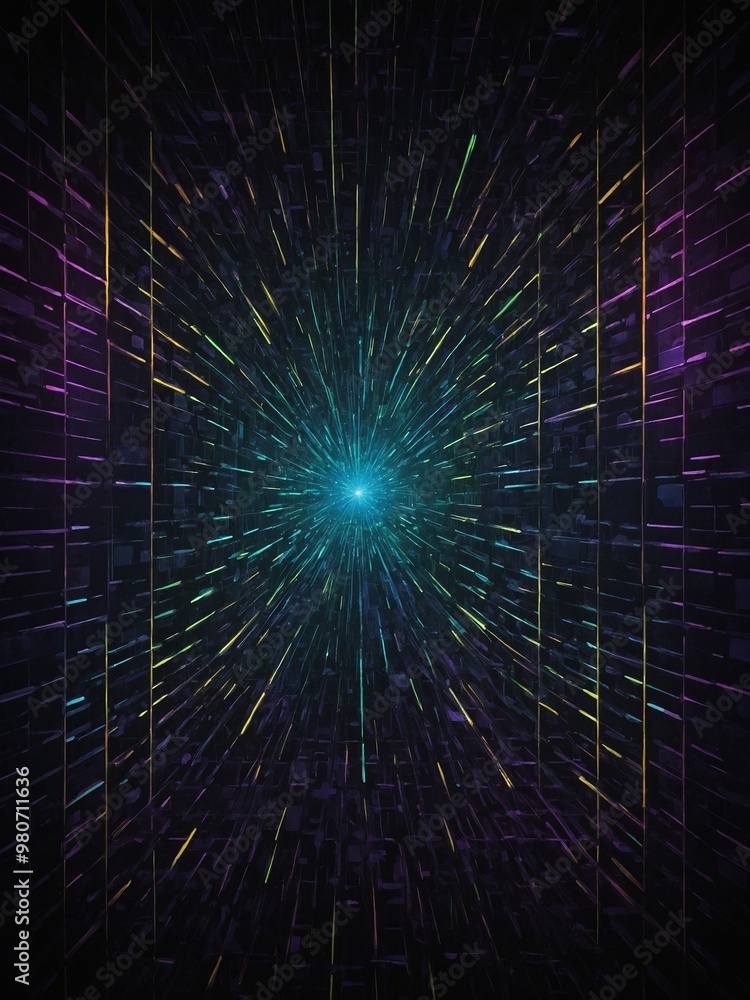 Poster psychedelic abstract background with radial burst of colorful lines and rays emanating from bright c