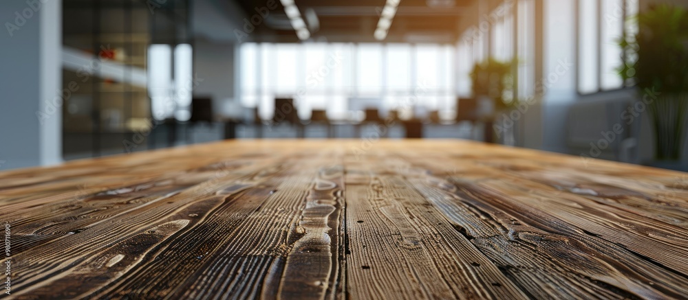 Poster wooden table showcased against a blurred modern office background creating an ideal setting for offi