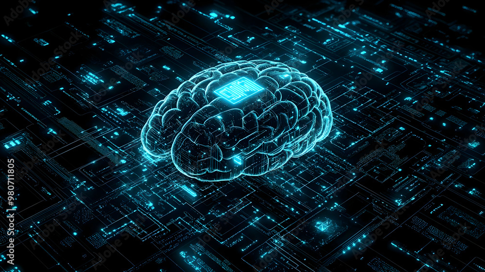 Poster a 3d render of a blue glowing brain on a circuit board background, representing the concept of artif