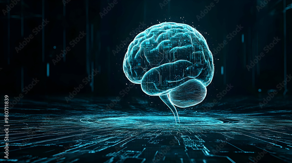 Poster 3d digital illustration of a human brain with circuitry, floating above a network of lines in a futu