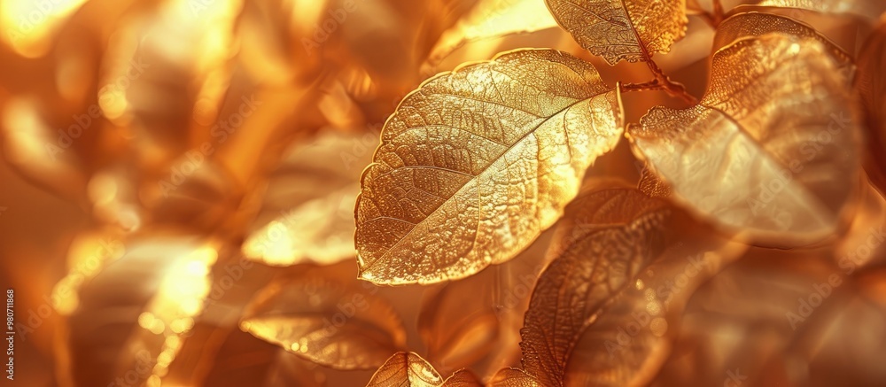 Poster capture the essence of autumn with a close up image of golden leaves perfect as a nature background 