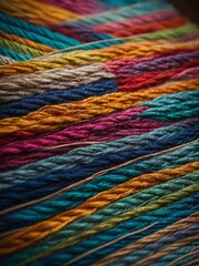 Colorful threads of yarn or rope in various shades of blue, green, yellow, orange, and red, creating abstract and vibrant pattern