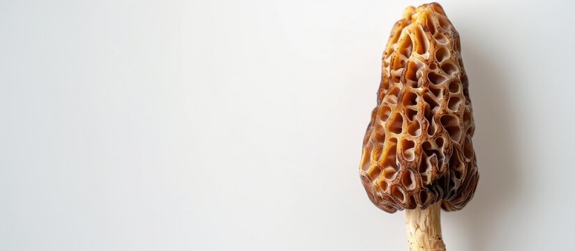 Top view of a single uncooked morel mushroom on a white background providing copy space for text in a flat lay composition
