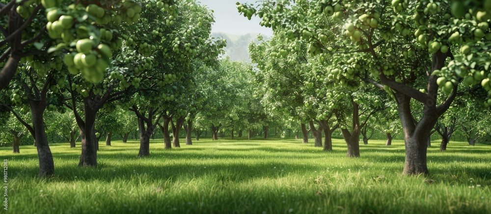 Poster lush green apple trees in an organic orchard setting with a serene backdrop suitable for a copy spac