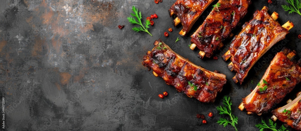 Poster delicious grilled pork ribs displayed on a rustic table with copy space image offering a fresh and a