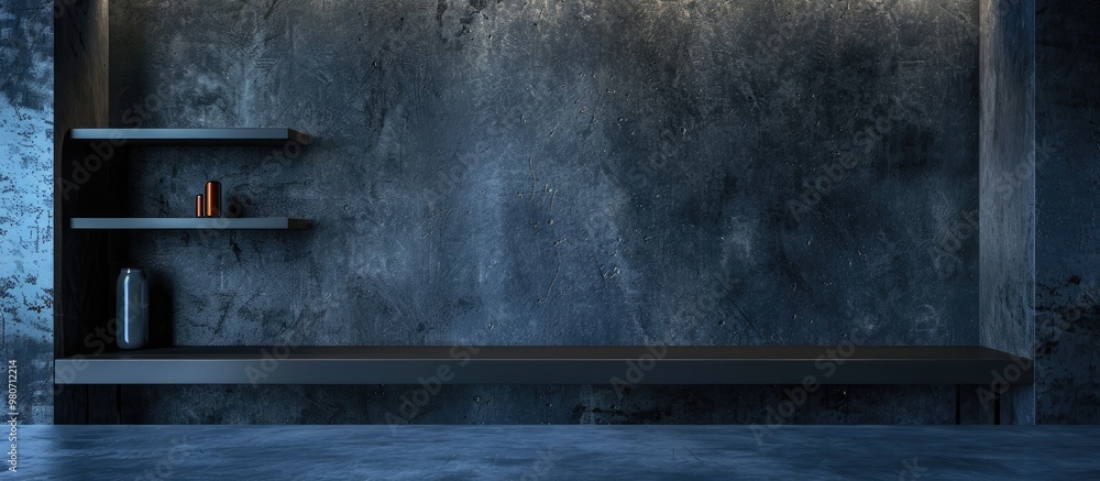 Poster black and blue studio setting with cement table and shelves perfect for showcasing products against 
