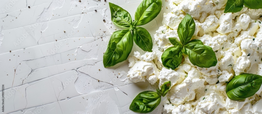 Poster close up of fresh ricotta and basil arranged on a white tiled surface with room for text in the imag
