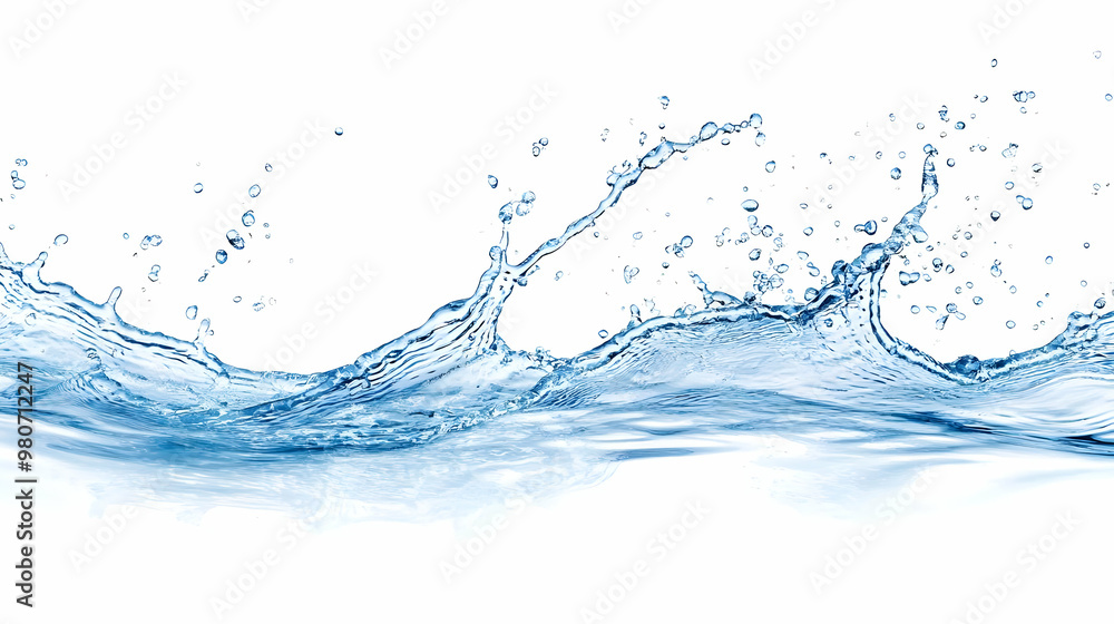 Poster water splashing and creating a wave with droplets on a white background