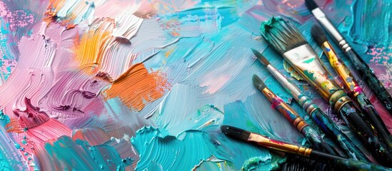 Obraz premium Artistic tools displayed on a work table showing paint brushes and a watercolor color palette backdrop creating a vibrant copy space image