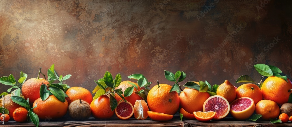 Poster copy space image of various types of citrus fruits like oranges tangerines and mandarins placed on a