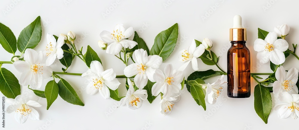 Poster flat lay composition with a bottle of essential oil next to gorgeous jasmine flowers arranged on a w