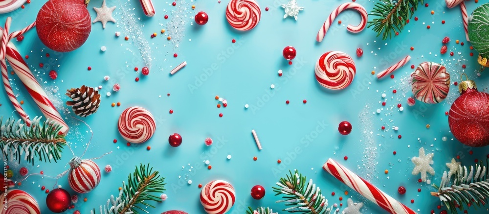 Aufkleber christmas themed candy displayed on a cyan background with festive decorations viewed from above the