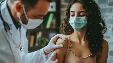 masked doctor examines the skin of a masked patient