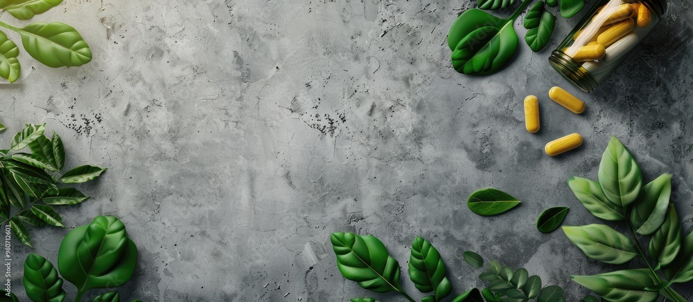 Poster top view of pills in a bottle with green leaves on a concrete backdrop with copy space image