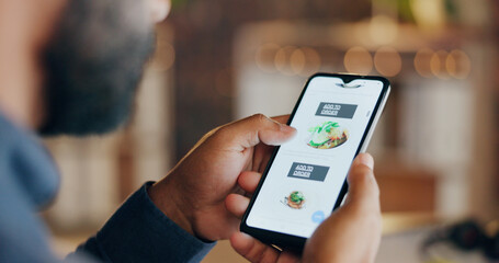 Food, online and business man with phone for order, delivery and mobile app service in office....