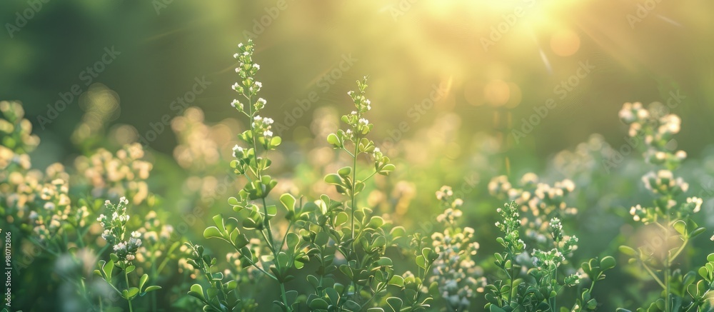 Poster wild rocket or diplotaxis tenuifolia displays blooming arugula flowers in a close up view with selec