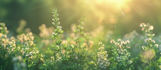 Wild rocket or Diplotaxis tenuifolia displays blooming arugula flowers in a close up view with selective focus allowing for a copy space image