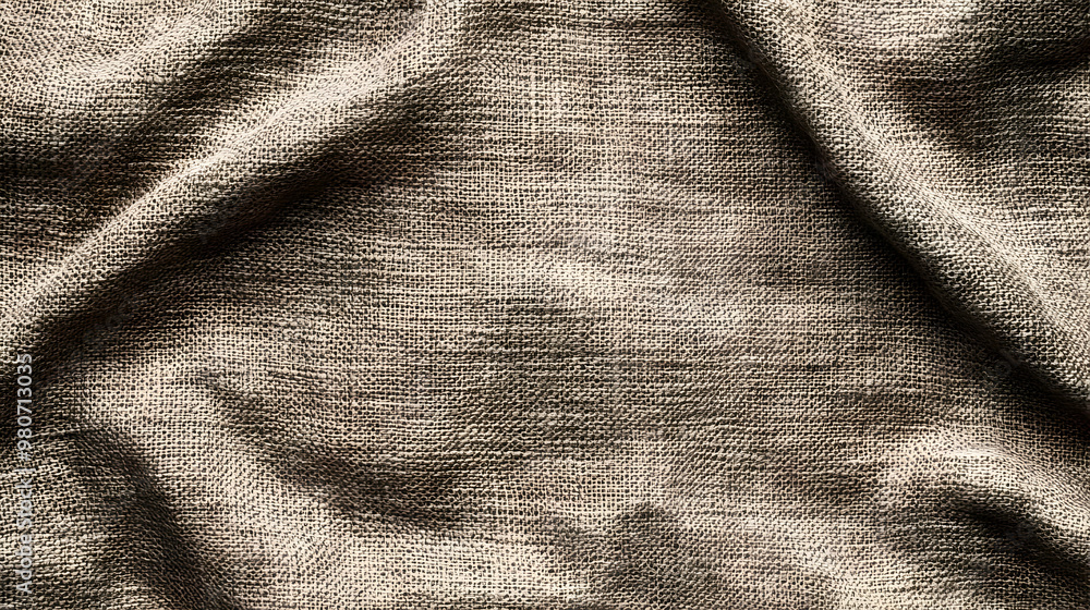 Aufkleber close-up of a wrinkled brown fabric texture with a subtle pattern and soft light, suitable for backg