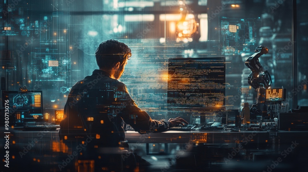 Poster a person working at a computer, surrounded by digital data and futuristic elements.