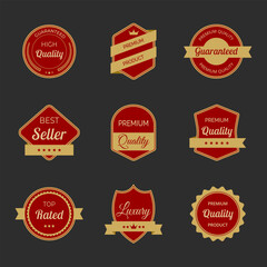 Fototapeta premium Vector illustration set of high quality labels and badges in red and gold color. Includes premium, certified designs for seals and stamps. Ideal for certification, assurance, and premium tags