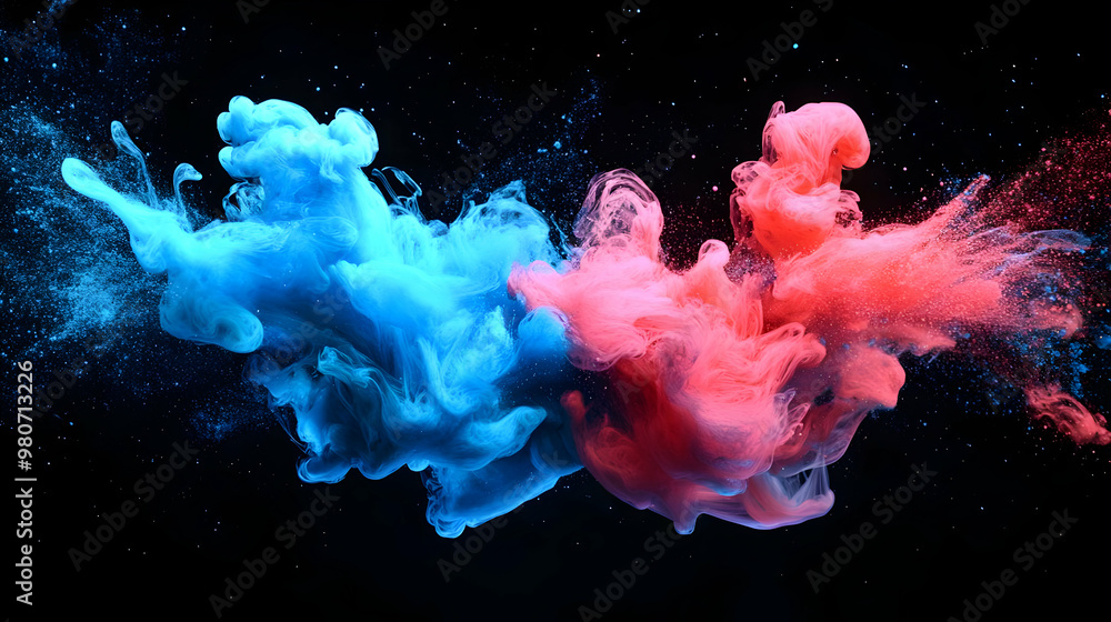 Poster abstract ink swirls in blue and red, dancing in a black background with sparkling particles