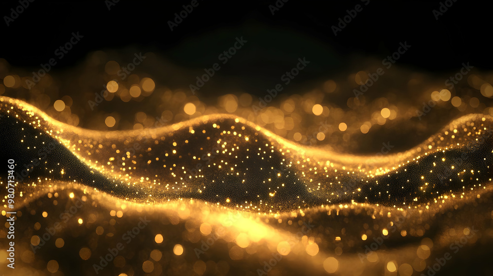 Poster abstract 3d rendering of golden glitter particles waving in a dark background