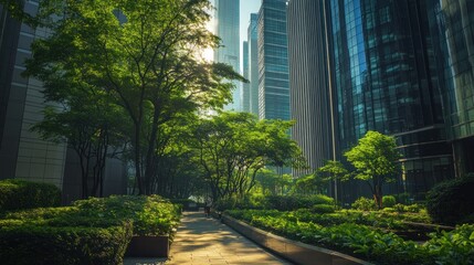 A serene urban park with lush greenery amidst towering skyscrapers.