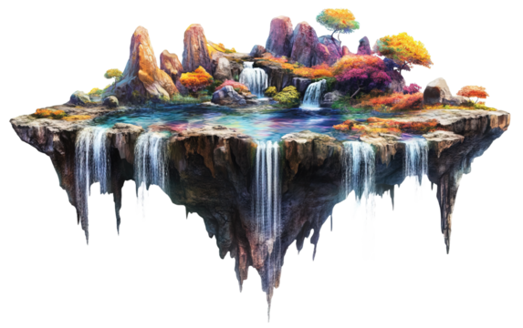 3D illustration of a floating waterfall isolated on white or transparent background