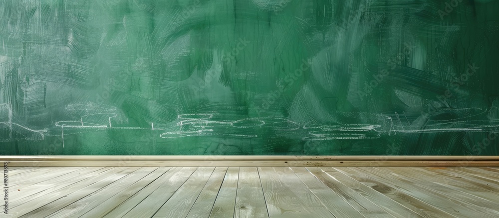 Poster white wall with a green chalkboard highlighting a school and teaching concept with space for text in