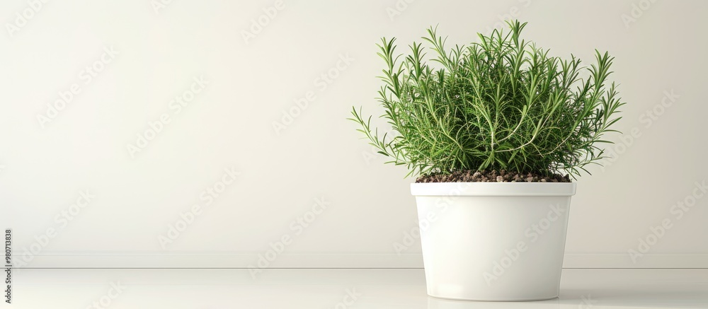 Poster rosemary plant cultivated in a container with natural husks displayed on a blank isolated background