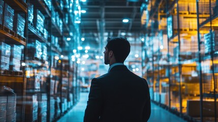 Obraz premium A man in a suit stands in a brightly lit warehouse, contemplating his surroundings.