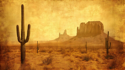 A Vintage Desert Landscape with Tall Cacti and Mountainous Formations in the Distance, Captured in a Rustic and Textured Style