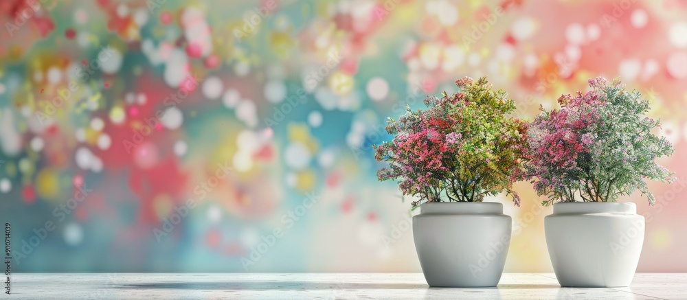 Poster two variegated rainbow elephant bushes are flowering in white pots with a colorful garden background